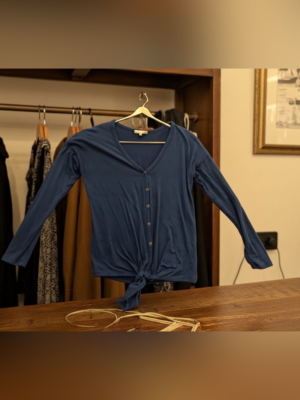 Cozy Casual Navy Button-Front Tie-Hem Top, S